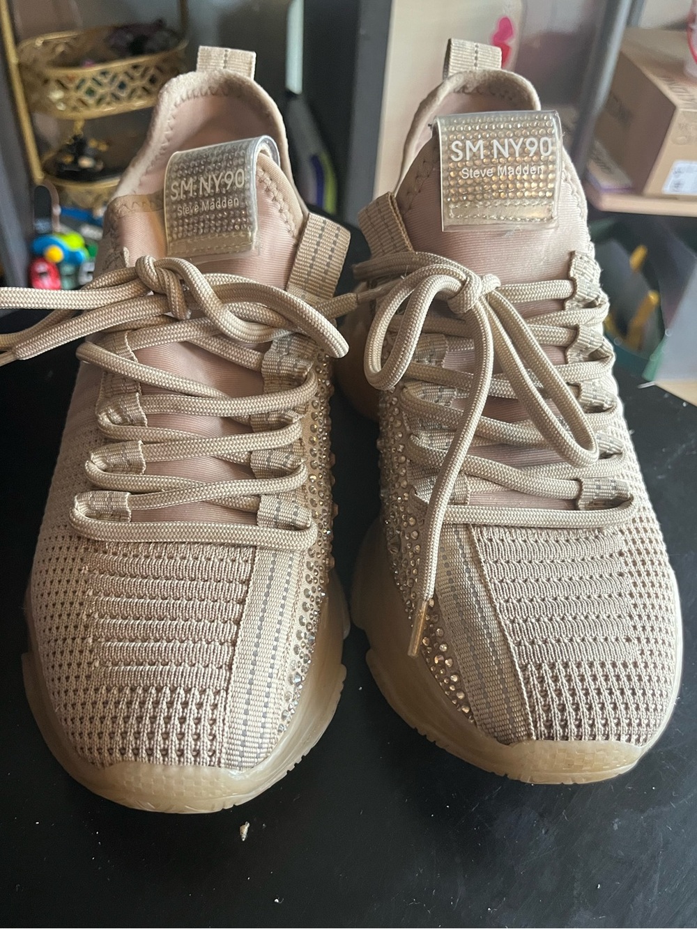 Steve Madden Women’s Taupe Knit Sneakers with Crystal Accents